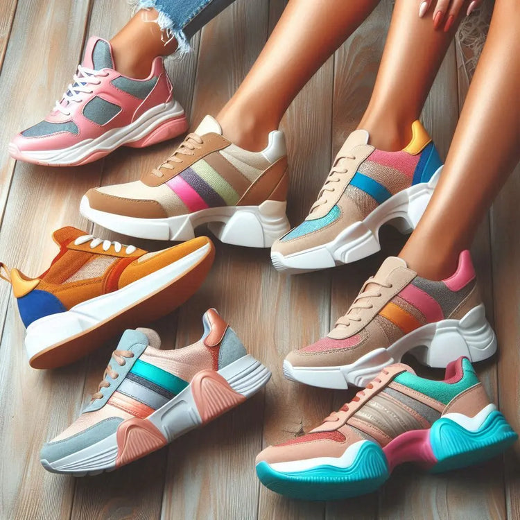 bunte schuhe sneakers angezogen auf vielen braungebranten Damenbeine