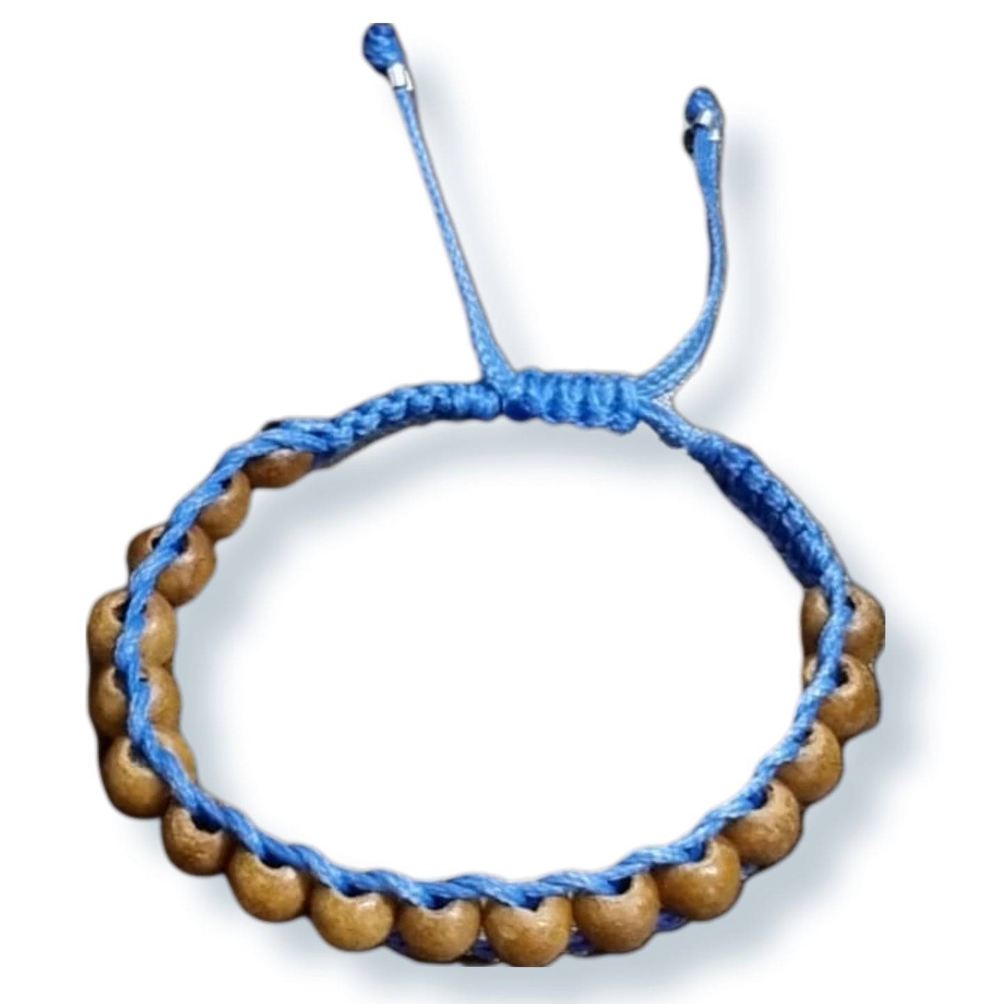 Armband mit Kordel blau geflochten mit naturbelassenen Holzperlen. Verschluss verstellbar, handgearbeitet.