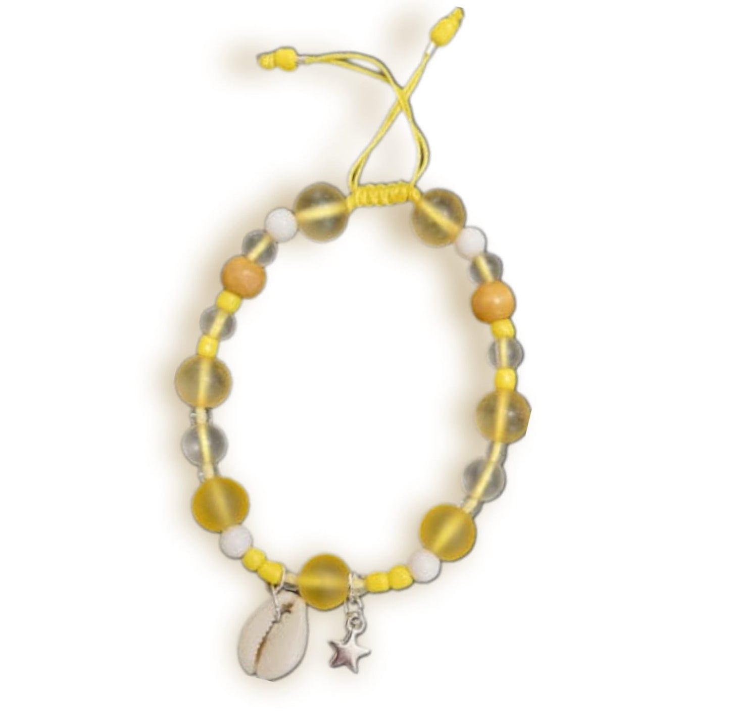 Armband mit Zitronen Gelben und Weißen Glasperlen geflochten aus einer Kordel, der Verschluss ist verstellbar mit Muschelanhänger.