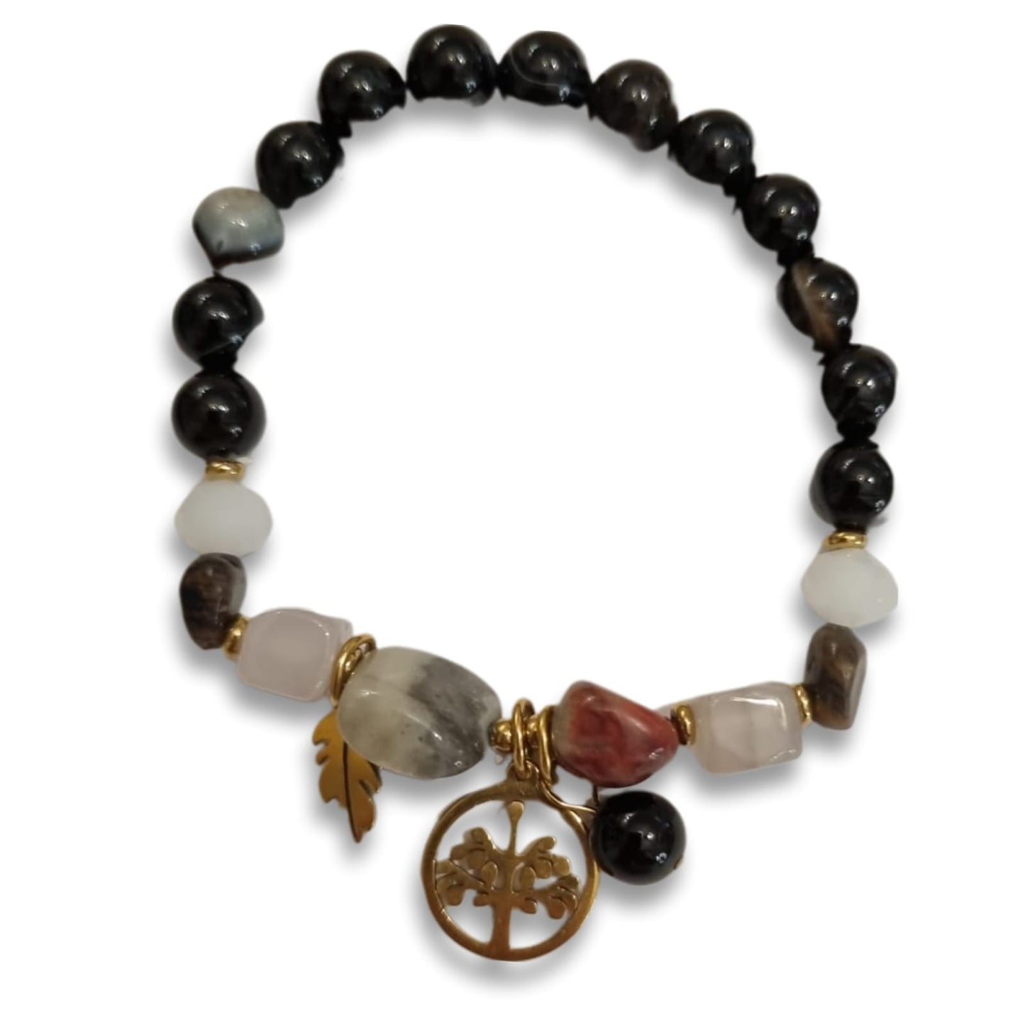 Armband aus schwarzen Achat Edelsteinen aufgefädelt auf Gummiband, mit einem goldfarben Lebensbaum als Anhänger, Größe flexibel, Ø 6cm und dehnbar.