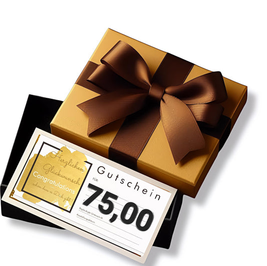Schwarze Schachtel mit goldenen Deckel und Brauner Schleife darin befindet sich ein KuBa Fashion Gutschein mit dem Betrag von 75 Euro.