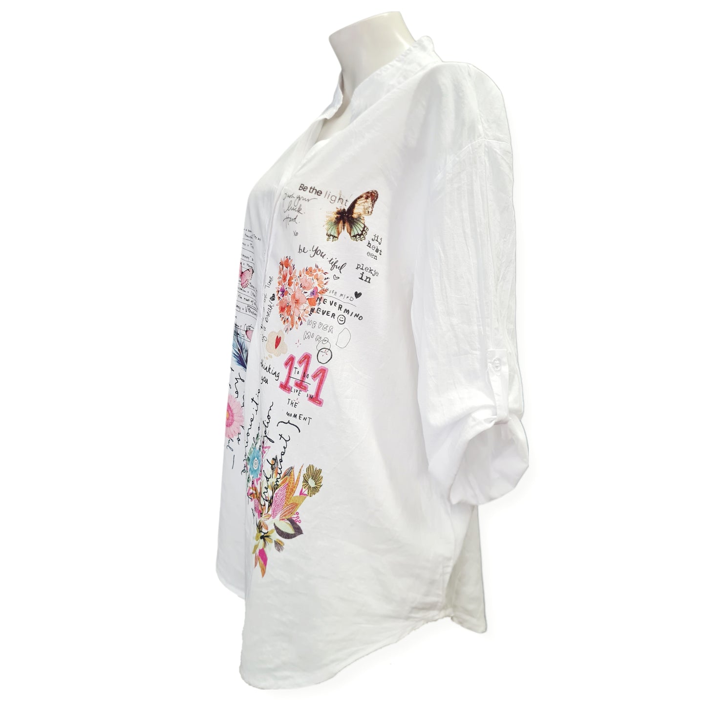 Baumwoll Bluse mit Stehkragen und Krempelärmel in der Farbe weiss mit Printaufdruck Summerfeeling