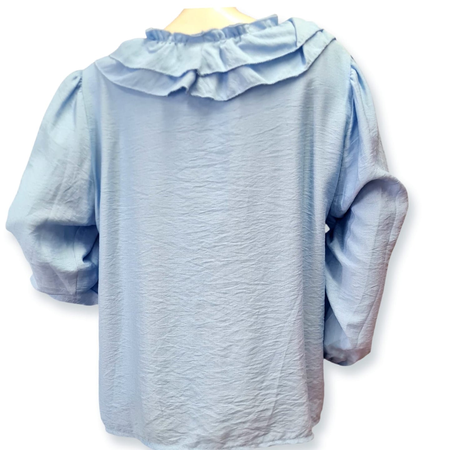 Entdecken Sie die vielseitige Bluse Eva in elegantem Blau. Hergestellt aus 85% Viskose und 15% Elasthan, bietet sie einen angenehmen Tragekomfort und einen weiten Schnitt. Die Rüschen verleihen der Bluse einen femininen Touch. Perfekt für jeden Anlass und leicht zu kombinieren. Rückenansicht.