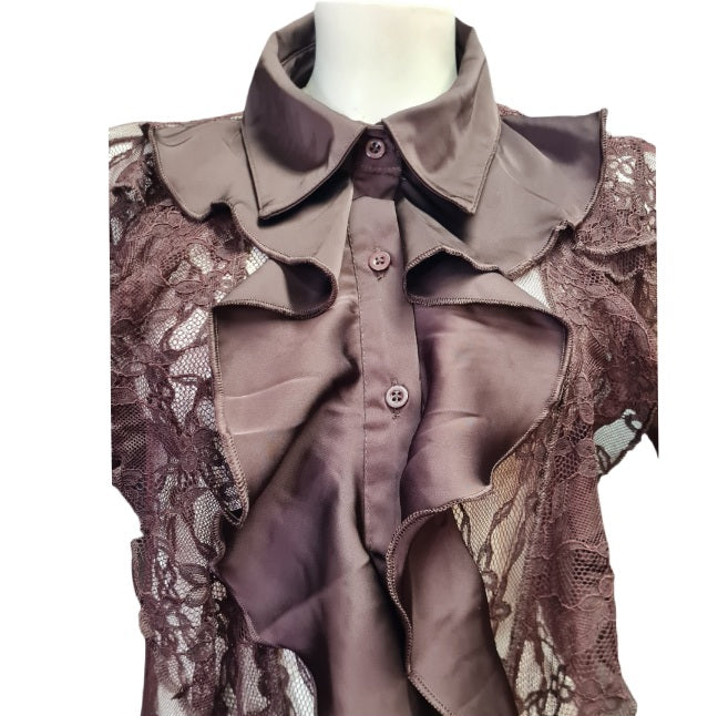 elegante Spitzenbluse in der Farbe Noisette mit Hemdkragen und Statementärmel