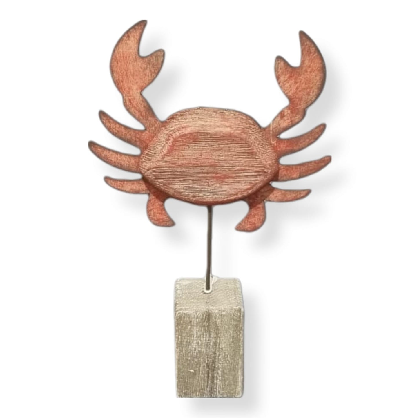 Dieses Krebs Deko Objekt auf einem Holzsockel ist in einem kräftigen Rot gehalten und hat eine Höhe von 32cm. Die mediterrane Gestaltung sorgt für eine warme und einladende Atmosphäre. Perfekt als Blickfang für Ihr Zuhause oder als Geschenk für Meeresliebhaber. Vorderansicht.