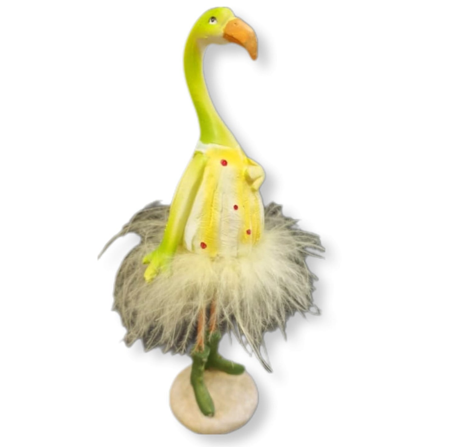 Dieser kunstvolle Flamingo mit Federrock in Gelb und Grün ist das perfekte Accessoire für Ihre Frühjahrs Deko. Die Deko Figur aus Kunstharz ist 19cm hoch und verleiht jedem Raum eine exotische Note. Lassen Sie sich von diesem tollen Produkt inspirieren und begeistern Sie Ihre Gäste! Geste mit linkem Arm auf der Brust.