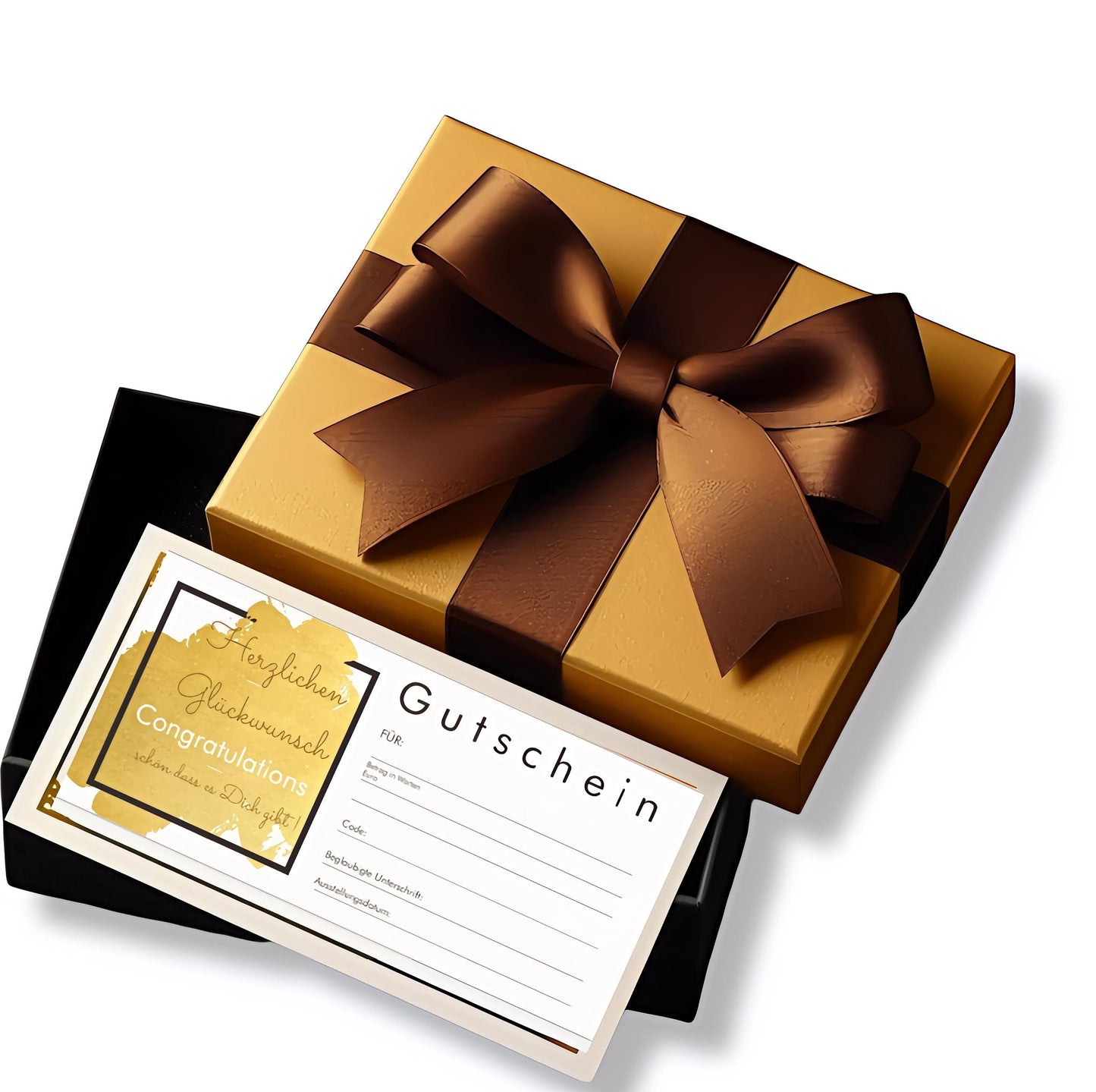 eine Goldbraune Box mit brauner Schleife. Der Deckel ist verrutscht und in der Box liegt ein Gutschein von KuBa Fashion