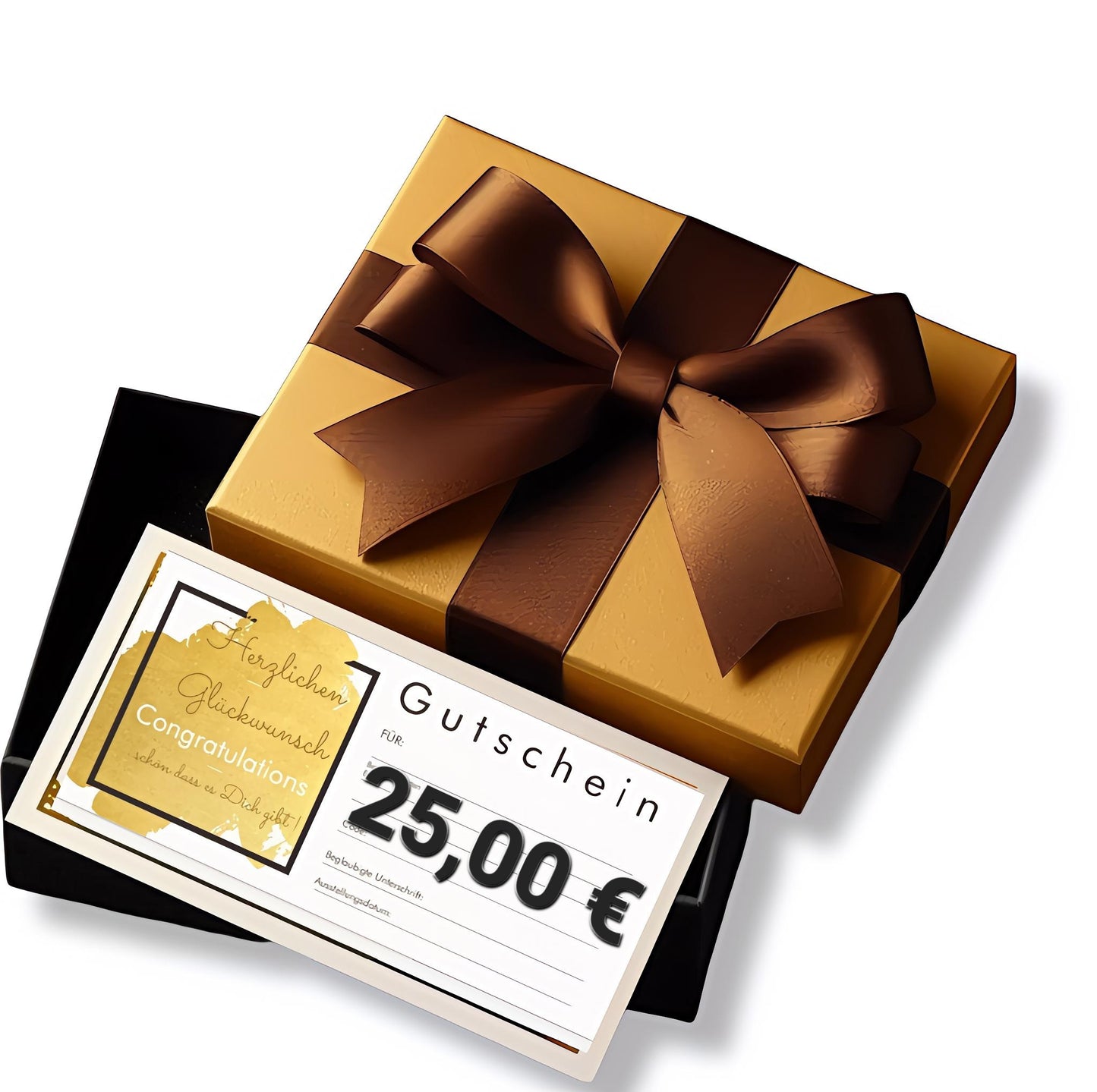 Schwarze Schachtel mit goldenen Deckel und Brauner Schleife darin befindet sich ein KuBa Fashion Gutschein mit dem Betrag von 25 Euro.
