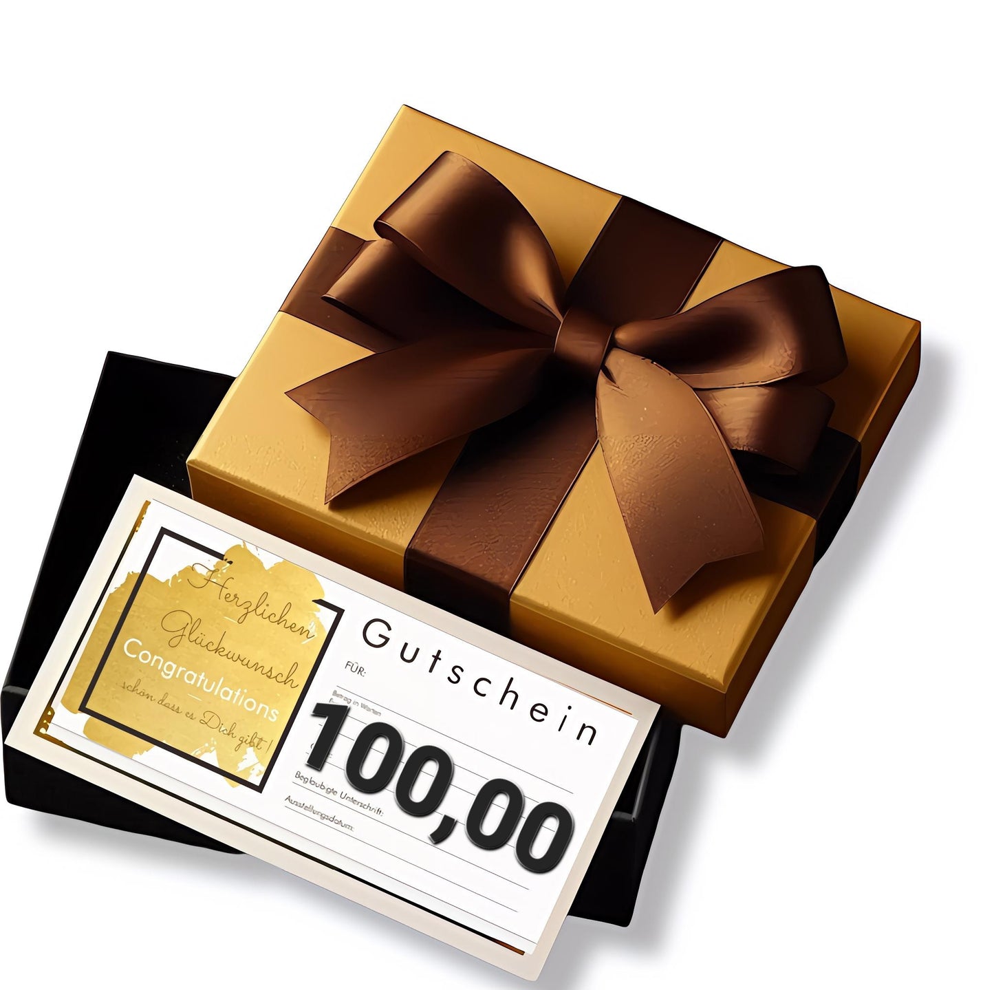 Schwarze Schachtel mit goldenen Deckel und Brauner Schleife darin befindet sich ein KuBa Fashion Gutschein mit dem Betrag von 100 Euro.