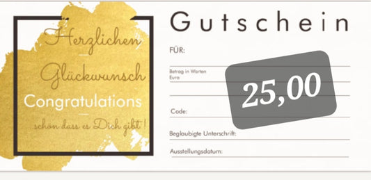 Gutschein für 25 Euro auf weissen Papier mit Gold gedruckt