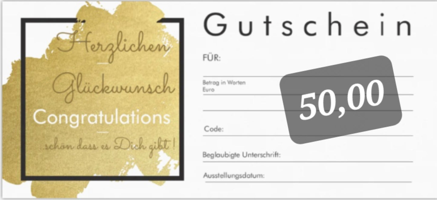 Gutschein 50 Euro auf Gold und Weiss papier