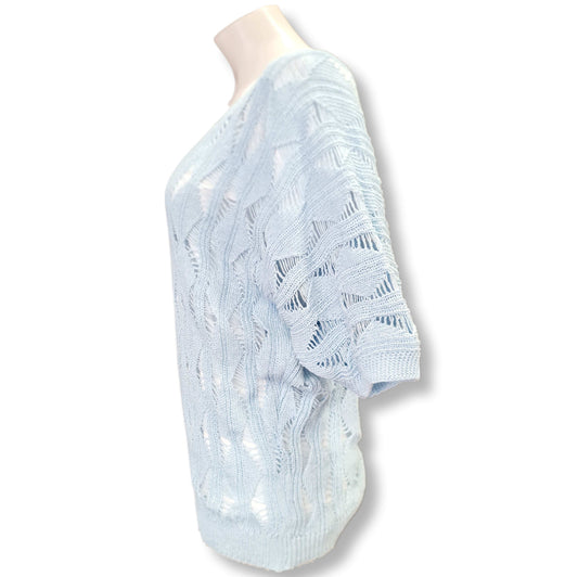 Ein Halbarm Strickpuli in Häkeloptik mit V-Ausschnitt und Bund in der Farbe hellblau ocean