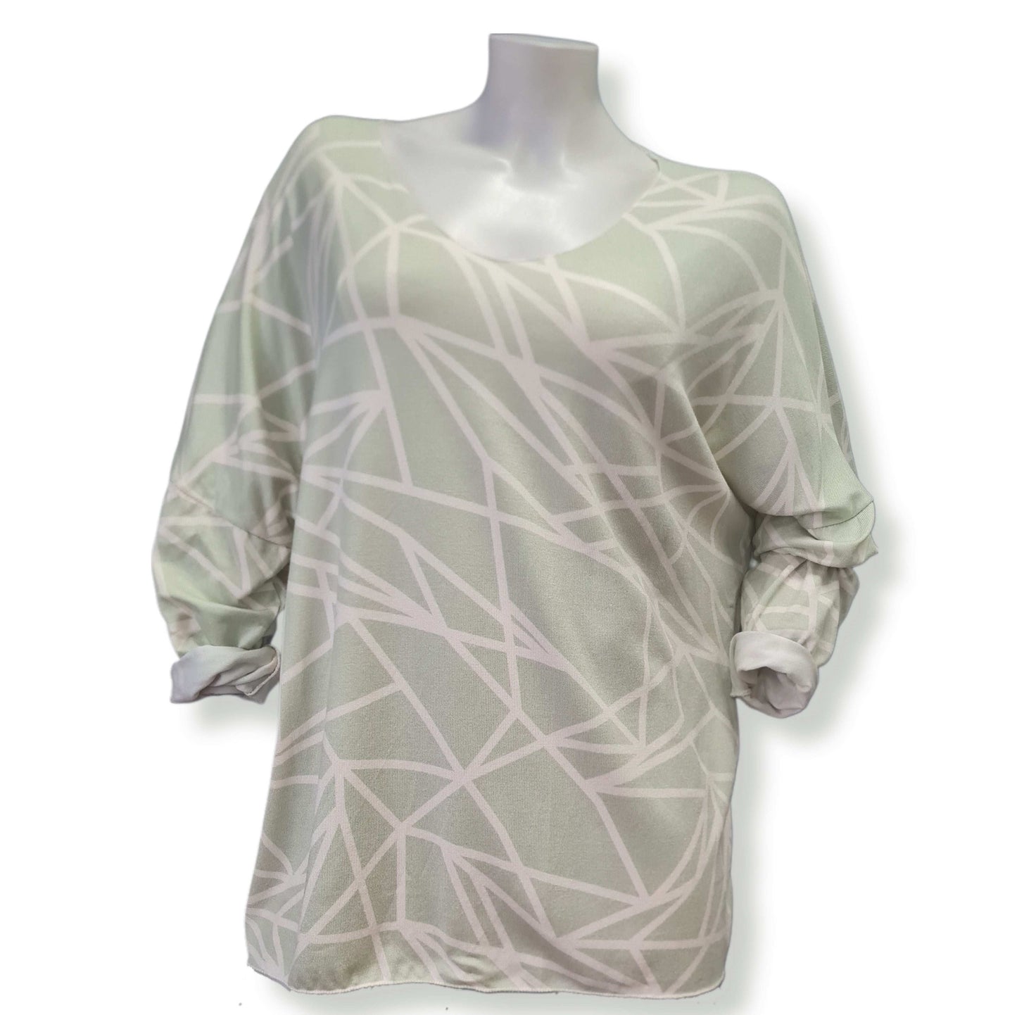 Langarm Shirt mit Geo Muster und V-Ausschnitt in hellen Grün