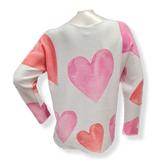 Pulli mit grossen Herzen Pink und Rose auf Weiss. Rundhals und abgerundeter Saum-