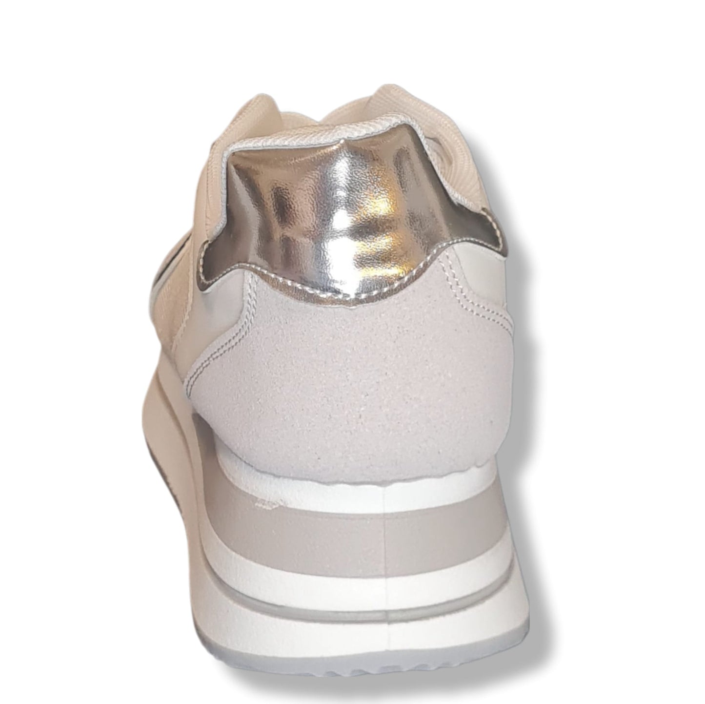 Sneaker Weiß Grau Silber  Verschluss Schnürung Obermaterial Synthetik, EVA Gummisohle sehr leicht und bequem, Ansicht Absatz.