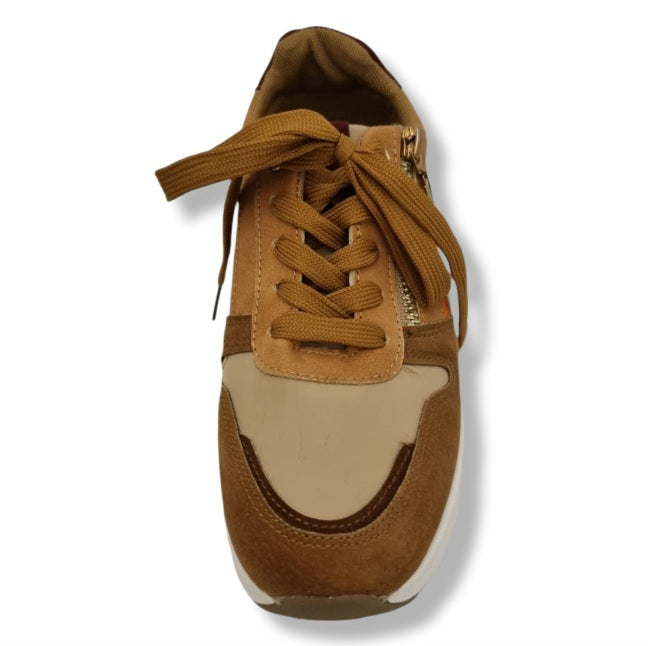 arbmix Braun, Amber,Zimt und Bordeux. Sneaker mit goldenen Zipper und Schnürrung. Absatzhöhe 4 cm. Vogelperspektive.