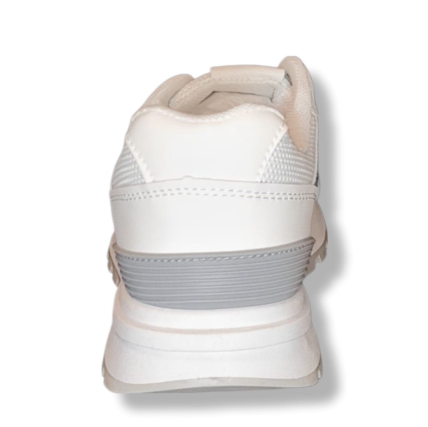 Sneaker Weiß und Silberfarben, Schnürschuh, EVA Gummisohle, Form Fußbett, sehr leicht,4 cm Absatz. Ansicht eines Schuh der Absatz von hinten.