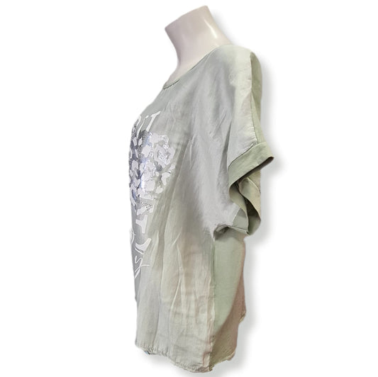 Entdecken Sie das T-Shirt PURE Beauty in der Farbe Olive mit einem eleganten silberfarbenen weißen Aufdruck vorne. Dank der besonderen Mischung aus 50% Baumwolle, 35% Viskose, 10% Polyester und 5% Nylon ist dieses T-Shirt nicht nur angenehm zu tragen, sondern auch langlebig und pflegeleicht. Perfekt für jeden Anlass und ein Must-have in Ihrem Kleiderschrank. Seitenansicht.