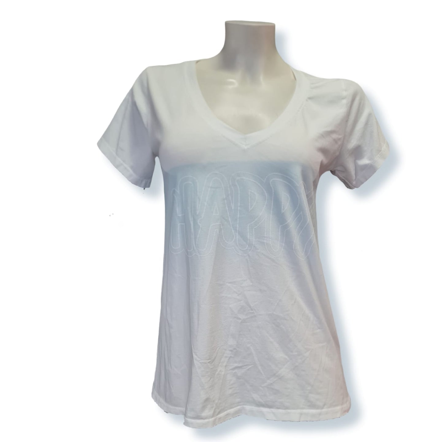 Mit dem T-Shirt "Happy" aus 95% Baumwolle und 5% Elasthan, hergestellt in Italien, bringst du sportlichen Stil und höchsten Tragekomfort in deinen Kleiderschrank. Das Weiß und Mint sorgen für frische Akzente und machen dich glücklich! Mach dein Outfit perfekt mit dem "Happy" T-Shirt. Vorderansicht.