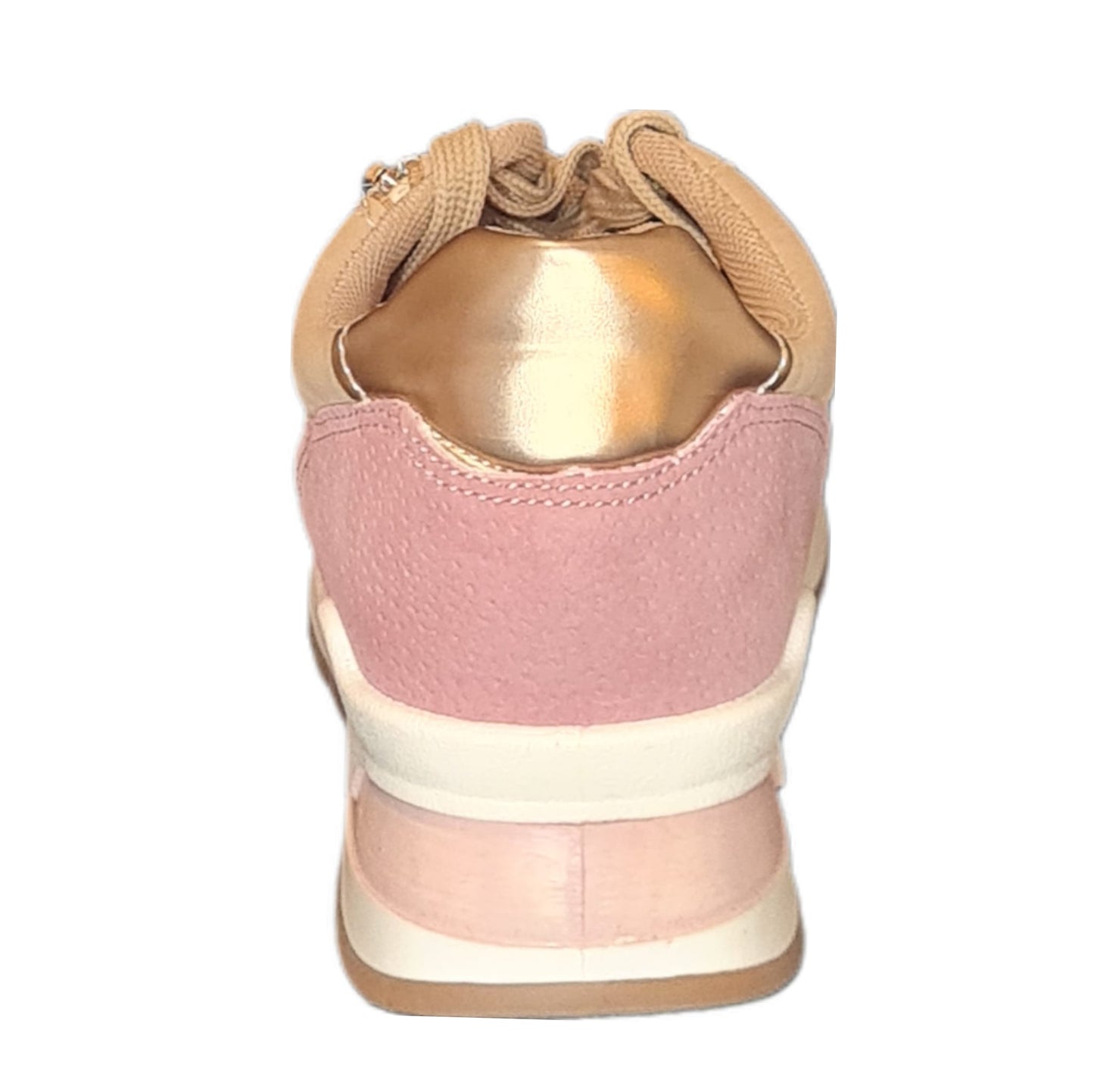 Diese Sneakers in Beige und Rose sind nicht nur stylish, sondern auch äußerst bequem. Mit einer EVA Zwischensohle und einem Formfußbett bieten sie optimalen Komfort für lange Tage. Das strapazierfähige Obermaterial in Lederoptik sorgt für Langlebigkeit, während der Zierreißverschluss ein trendiges Highlight setzt. Perfekt für jeden Tag. Absatz 3cm. Ansicht ein  Schuh von Hinten Absatz.