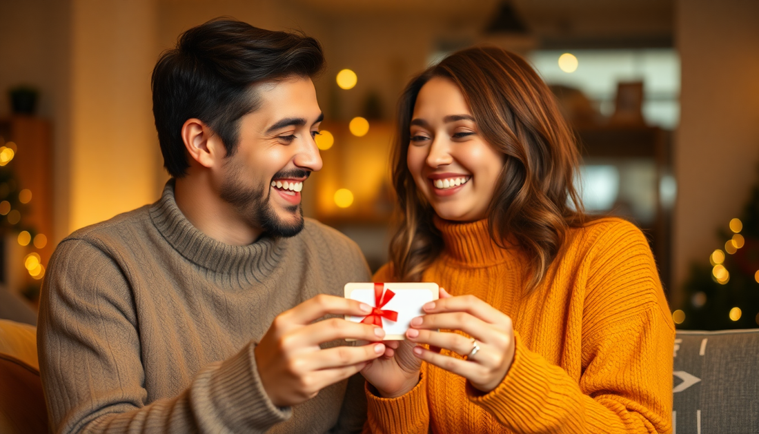 ein glückliches Paar mit einer kleiner Schachtel mit roter Schleife lachen und sind glücklich