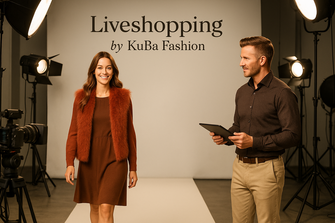 In einen Filmstudio befindet sich ein Moderator mit brauen Hemd und beigen Hose. Er hält ein Tablett in der Hand und erklärt das Oufift vom Model. Sie trägt ein Braunes Kleid und eine Rostfarbene Fellweste