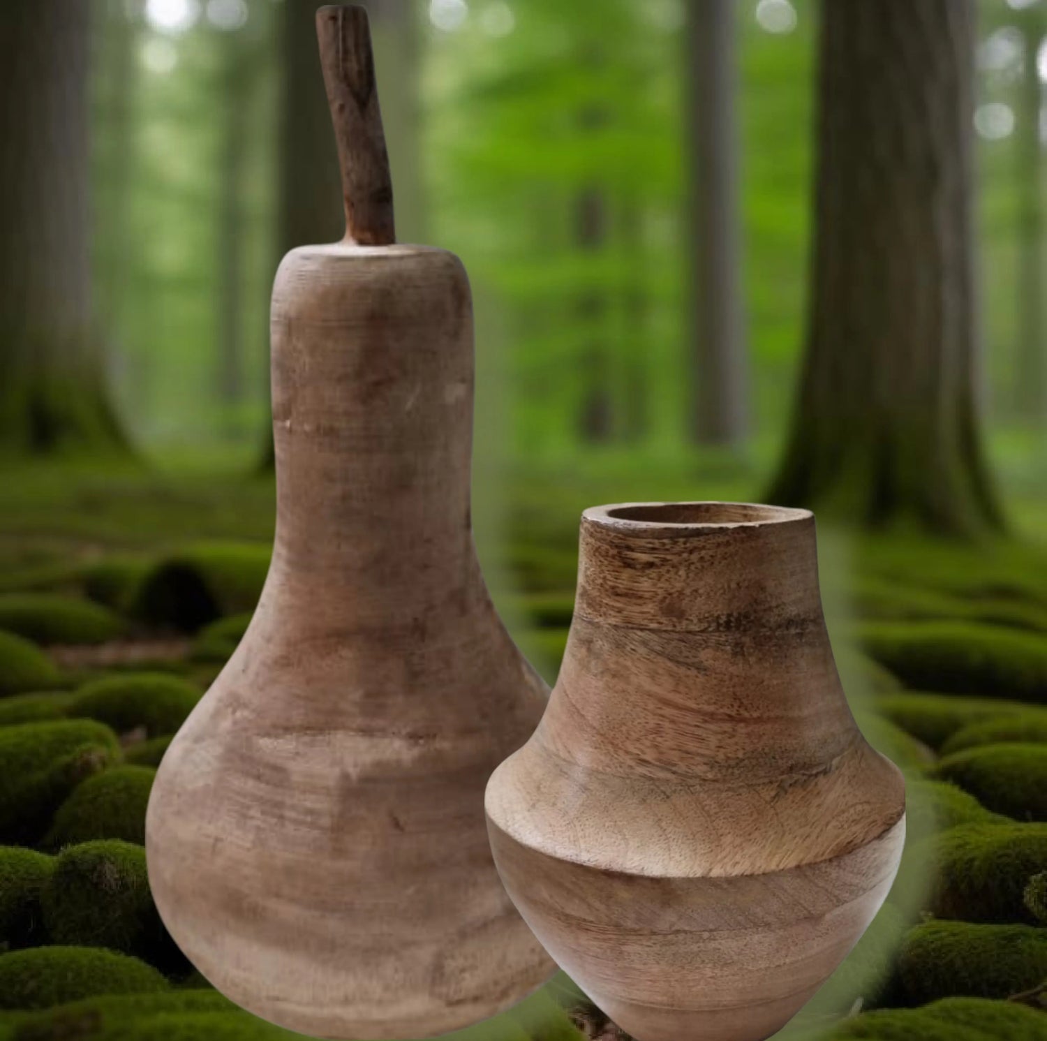 Im grünen Wald mit Bäume stehen im Vordergrund eine Holzbirne und ein Holzvase