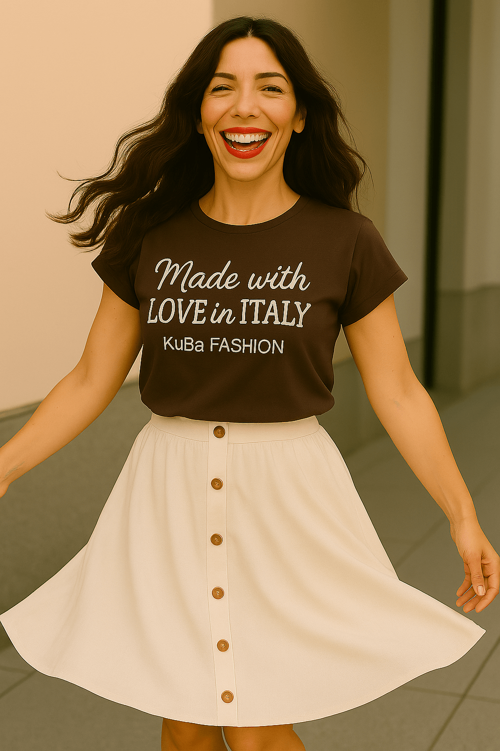 junge frau mit langen dunklen gewellten Haaren ist vergnügt und schwingt ihren weißen Rock. Sie trägt ein T-Shirt mit Aufschrift Made with Love in Italy bei KuBa Fashion