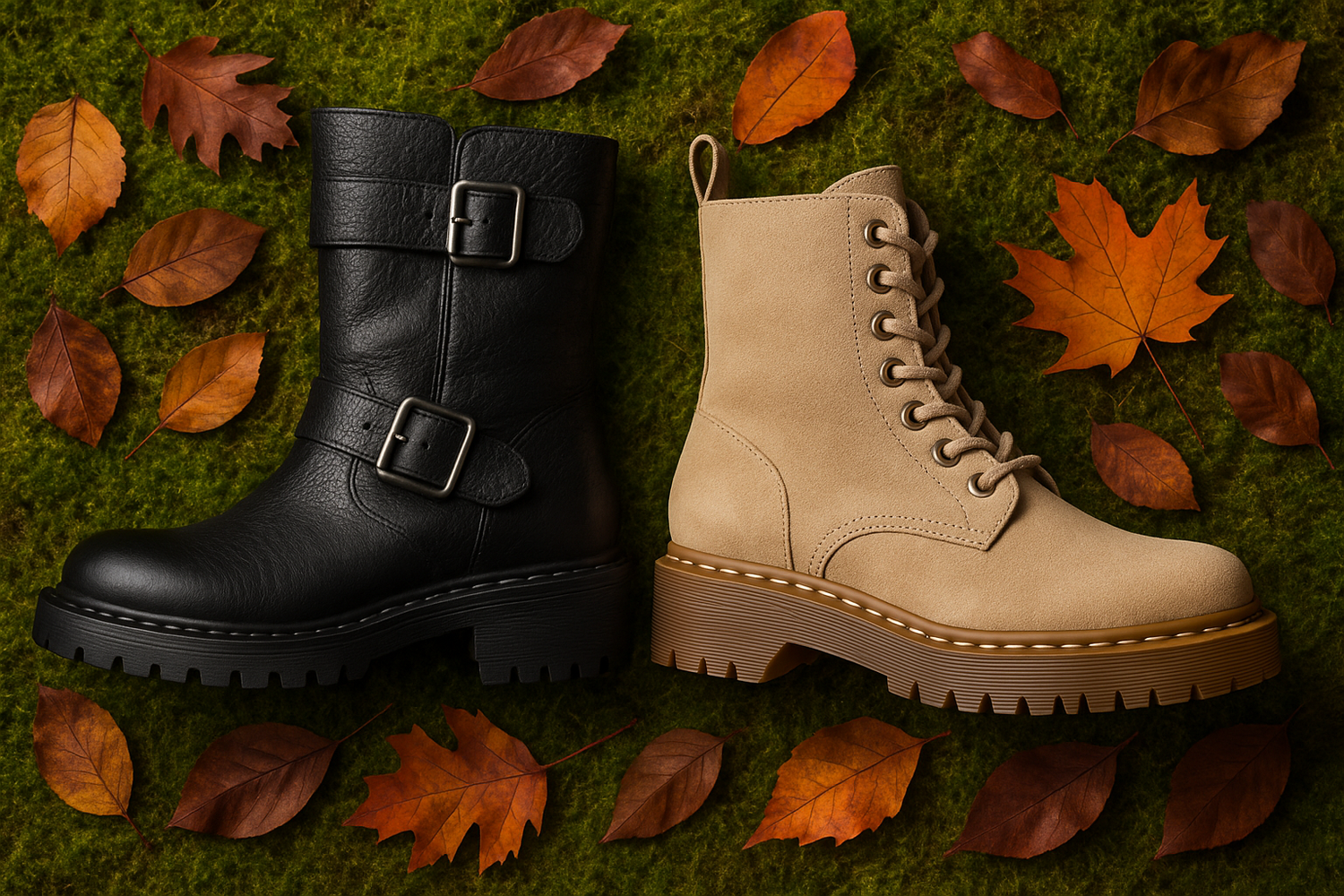 Ein Stiefel schwarz in bikerstyle und eine Schnürboots in der Farbe Beige liegen auf einer Wiese mit Herbstlaub. 