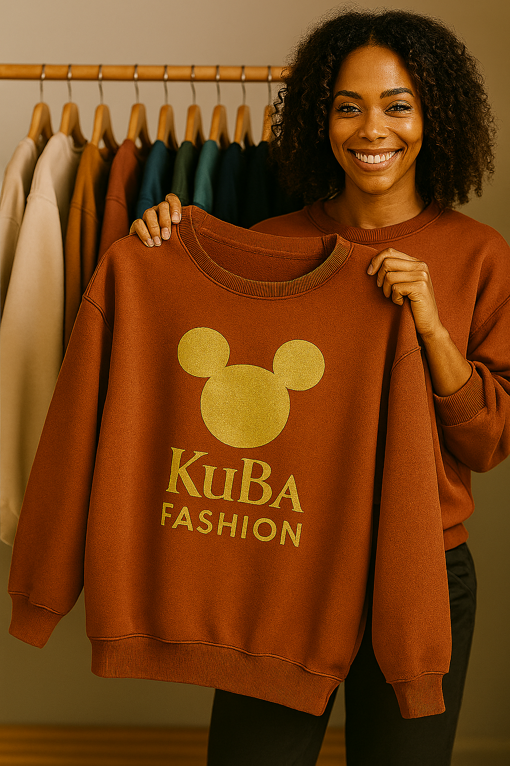 eine junge Frau Latina präsentiert ein Swat-Shirt mit KuBa Logo in der Farbe Rost. im Hintergrund sind ebenfalls Sweat-Shirt zu sehen. 