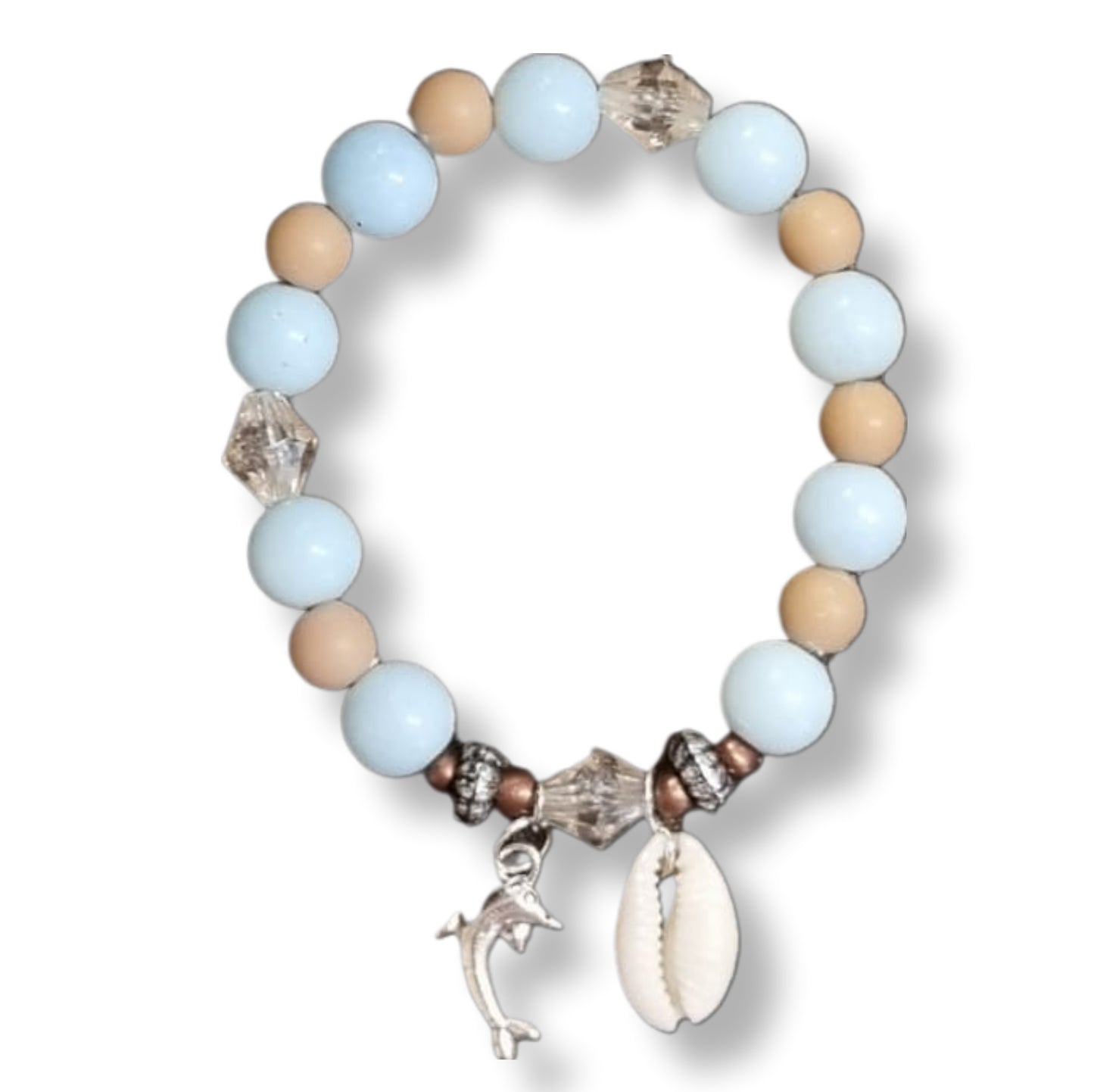 Armband aus Glasperlen in den Farben hellblau und Sand Elastikgummiband für flexible Größe mit silbern farbigen  Delphin als Anhänger.