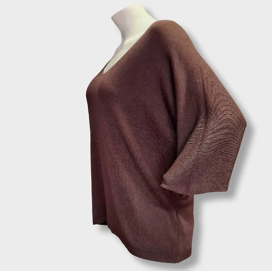 Strickpulli mit V-Ausschnitt und 3/Arme. Klassicher Bundabschluss. Trendfrabe Braun. 