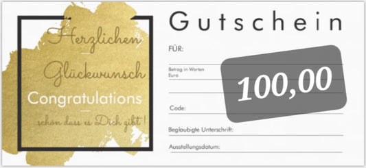 Gutschein von 100 Euro auf weisses Papier mit Gold gedruckt. 