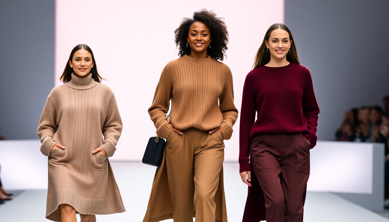 Video laden: ein Video Trailer inform einer Präsentation von den neuesten Fashion Highlights Herbst Winter 2025. Drei Models in verschiedenen Strickoufits lauf den Laufsteg entlang